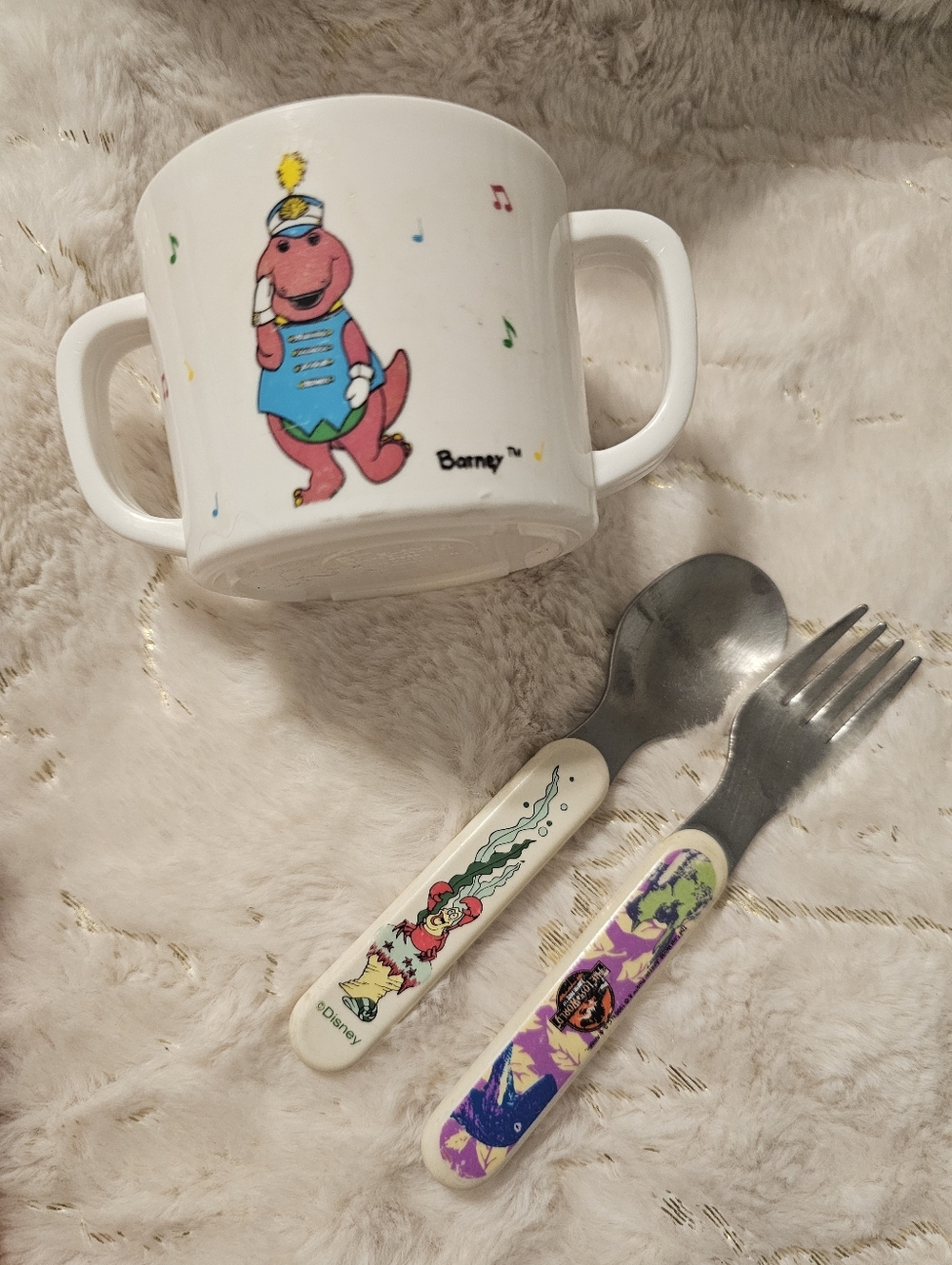 1990s Barney Cup, Little Mermaid Spoon And Jurassic Park Fork